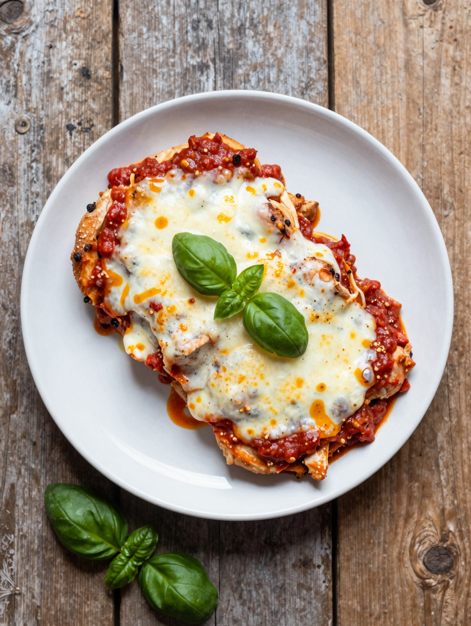 Baked chicken parmesan with marinara sauce and melted mozzarella cheese, fresh basil on top