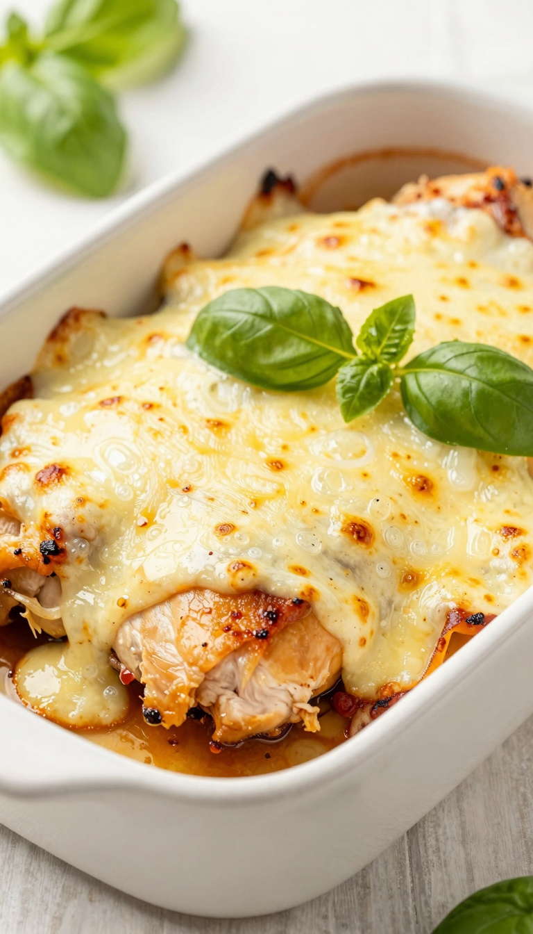 Overhead shot of baked chicken parmesan with bubbly melted cheese and basil garnish