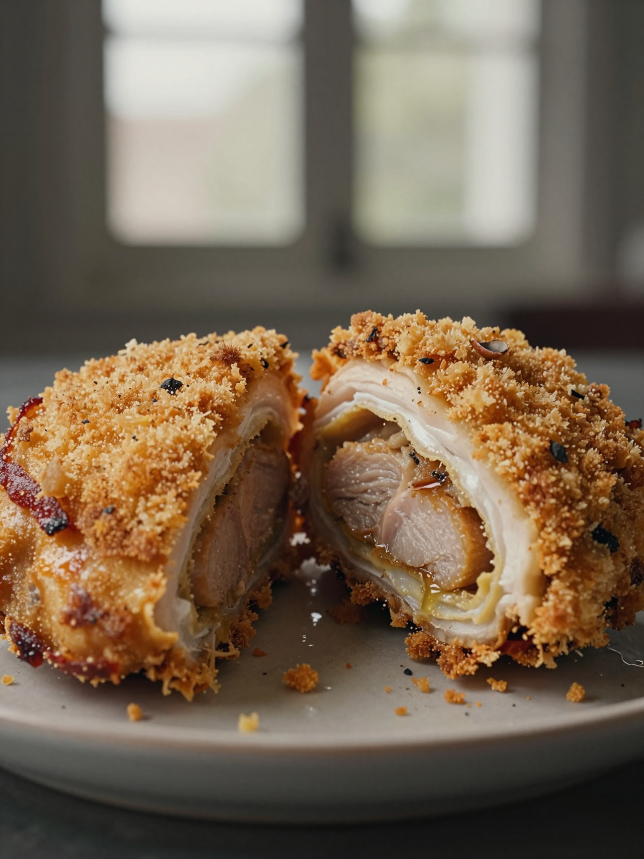 Close-up of chicken parmesan cut open showing crispy panko crust and juicy interior