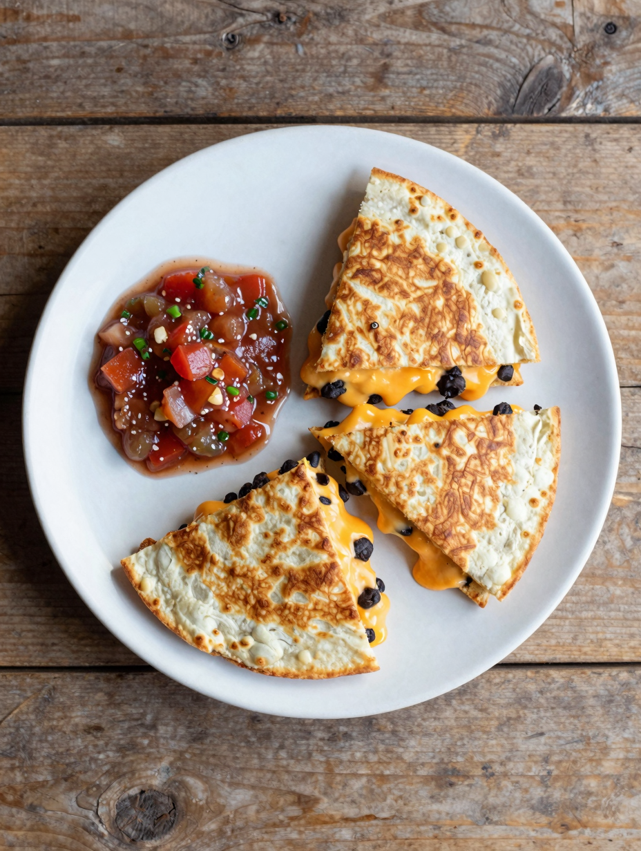 Crispy black bean quesadilla wedges with melted cheese and salsa on the side