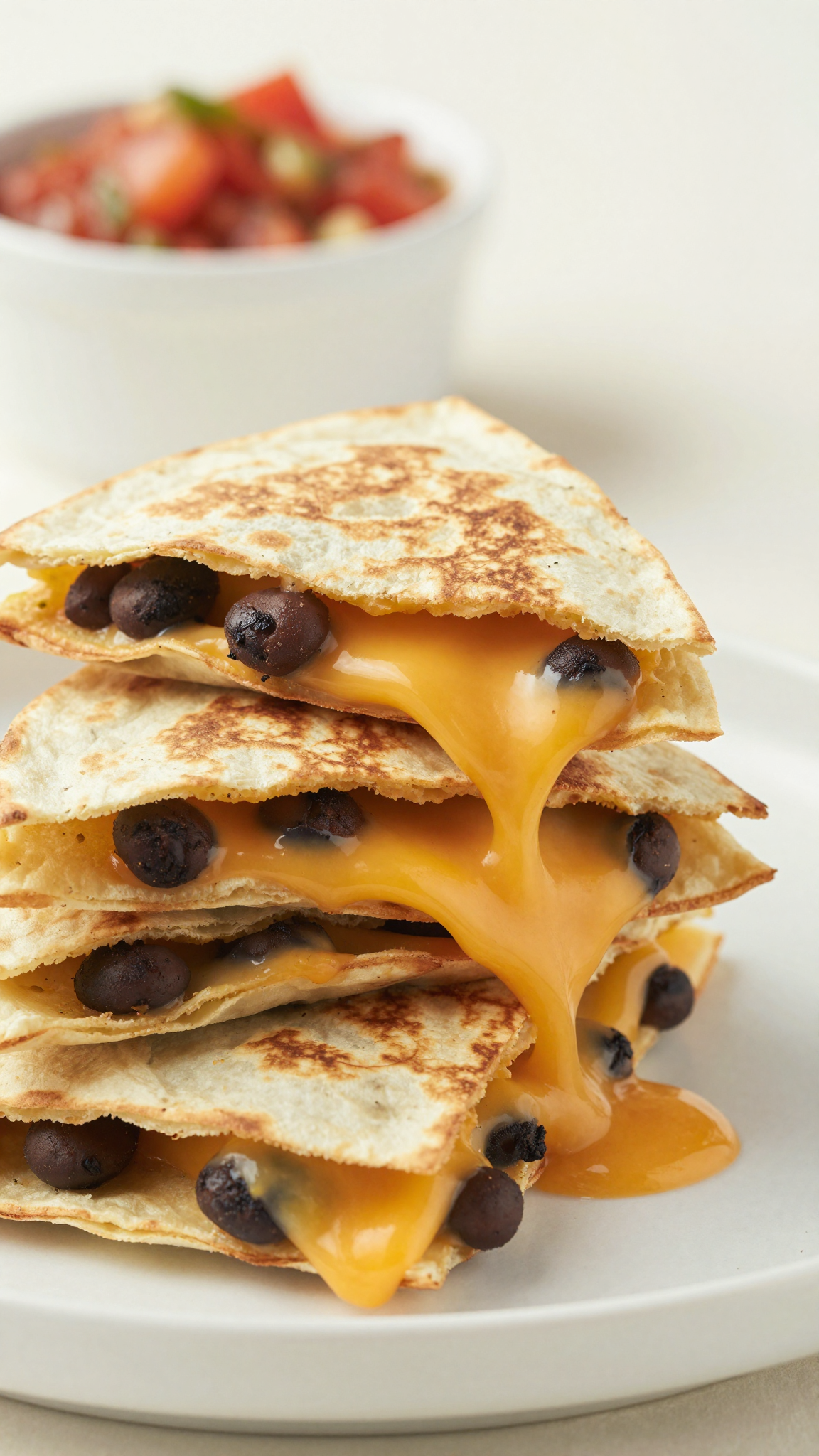 Stack of black bean quesadilla wedges with cheese pull, salsa in background