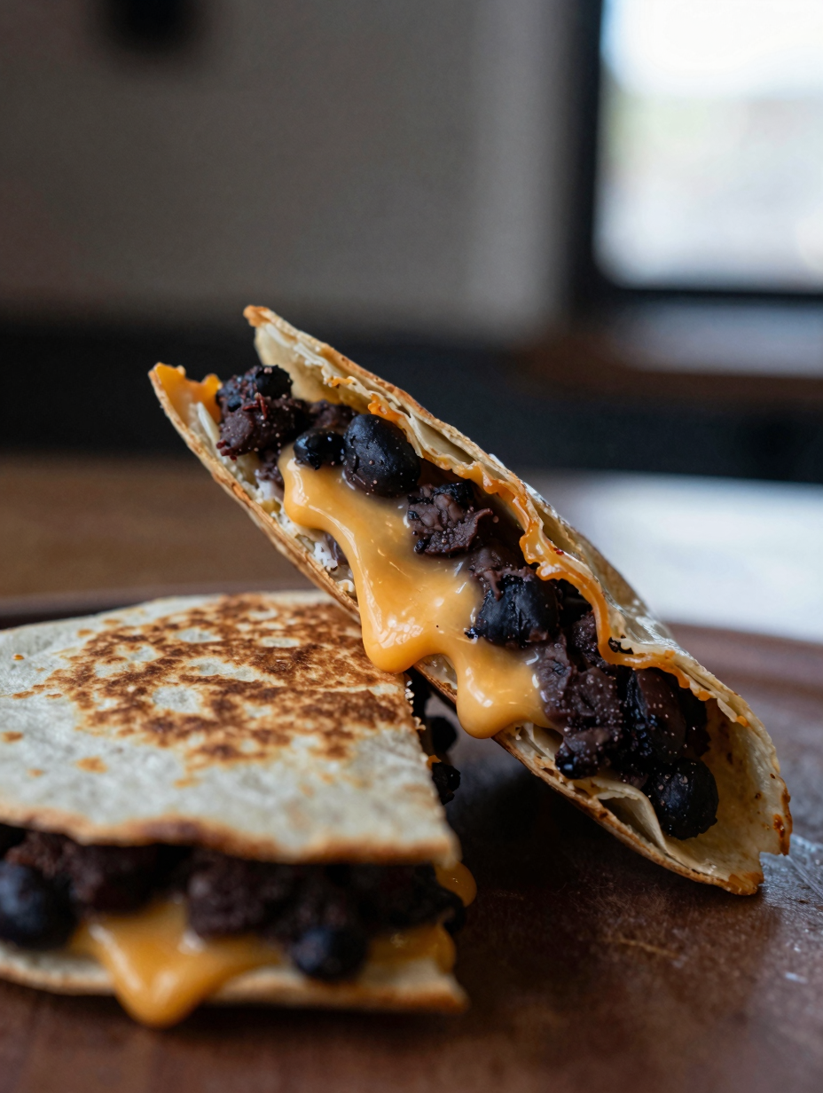 Close-up of quesadilla wedge showing melted cheese and mashed black bean filling