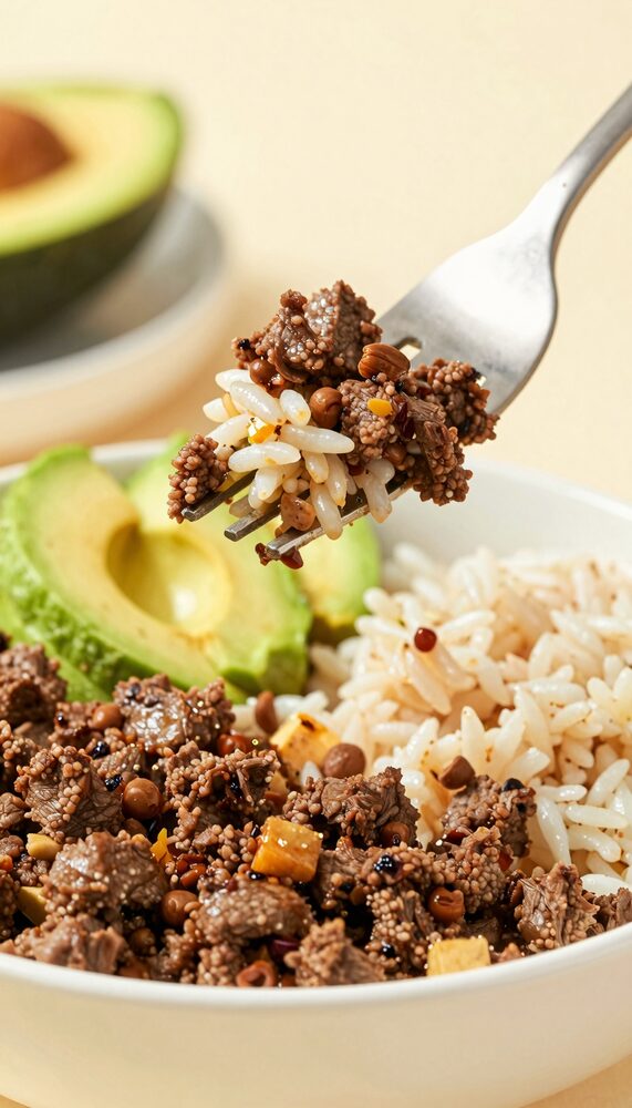 Fork lifting seasoned ground beef and rice from a hearty meal prep bowl with avocado
