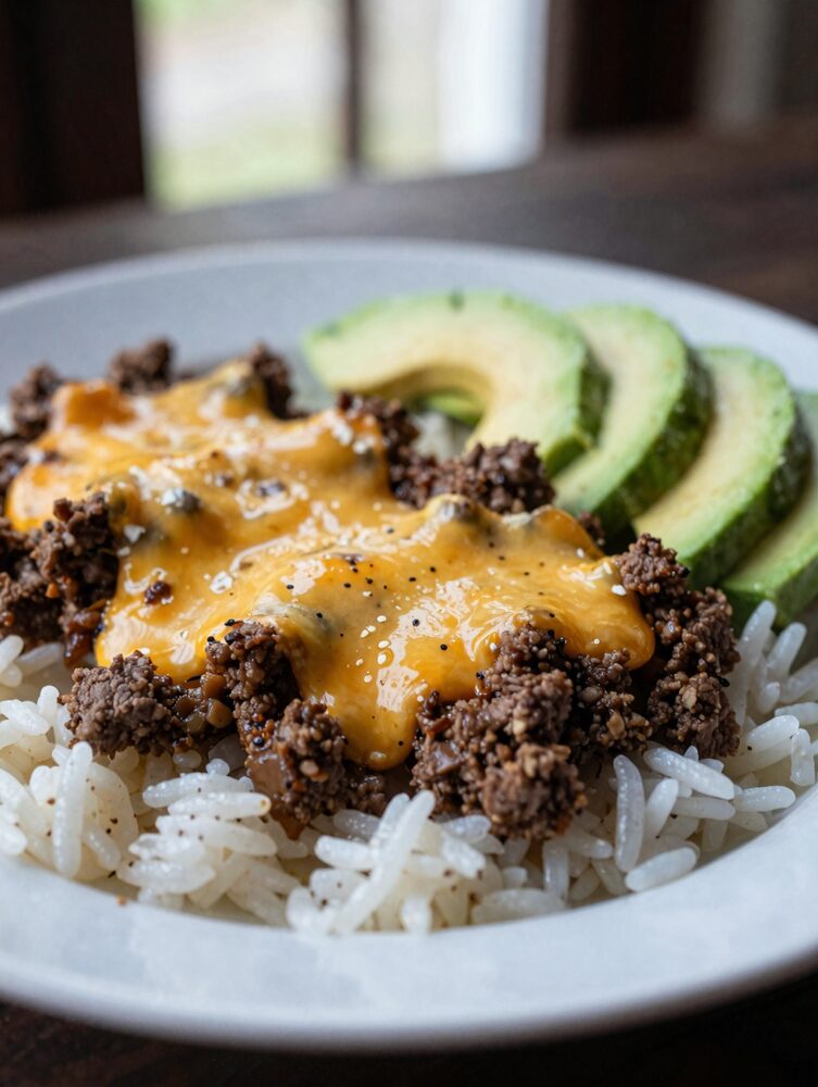 Seasoned ground beef and rice texture with melted cheese and avocado slices