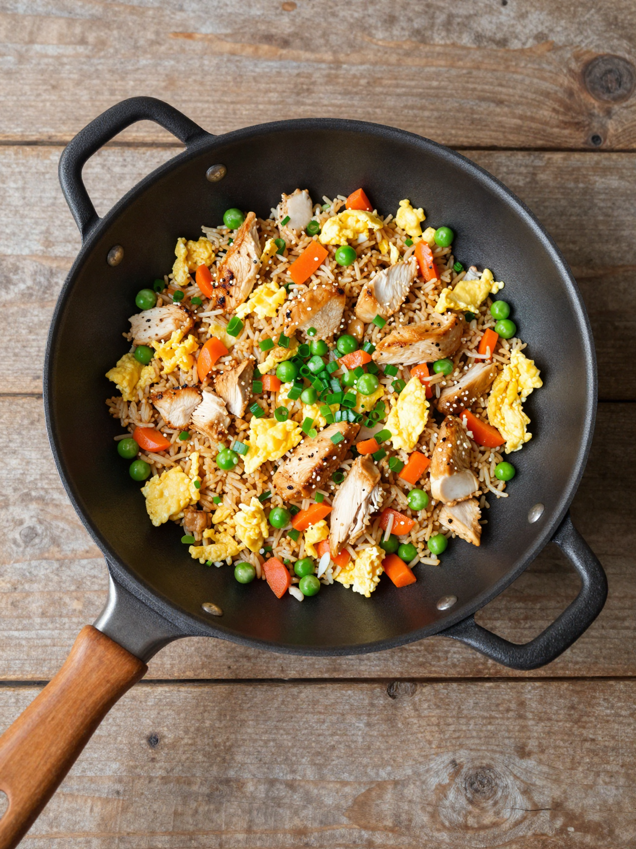 Wok of chicken cauliflower fried rice with scrambled eggs, peas, carrots and green onions