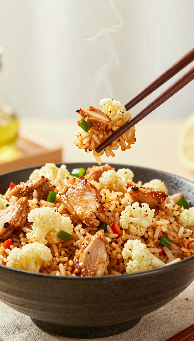 Overhead shot of chicken cauliflower fried rice in a dark bowl with chopsticks