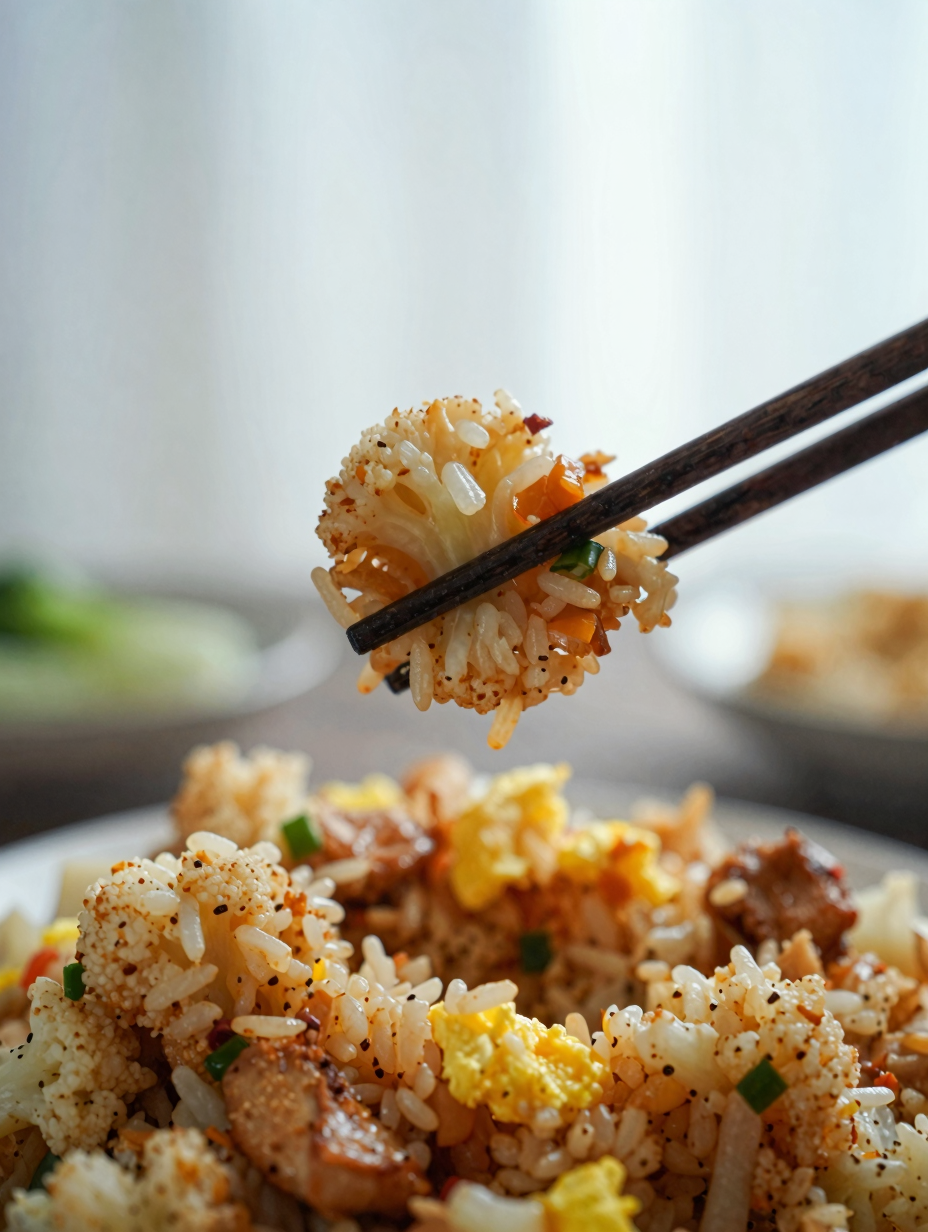 Close-up of cauliflower fried rice grains with visible chicken pieces and scrambled egg