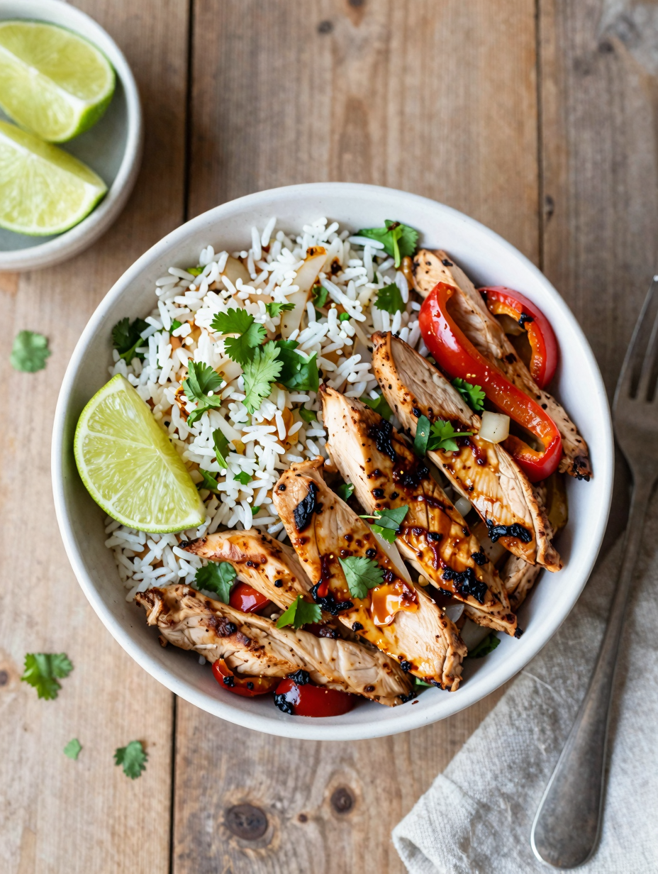 Chicken fajita bowl with seared chicken strips, charred bell peppers, onions and cilantro lime rice