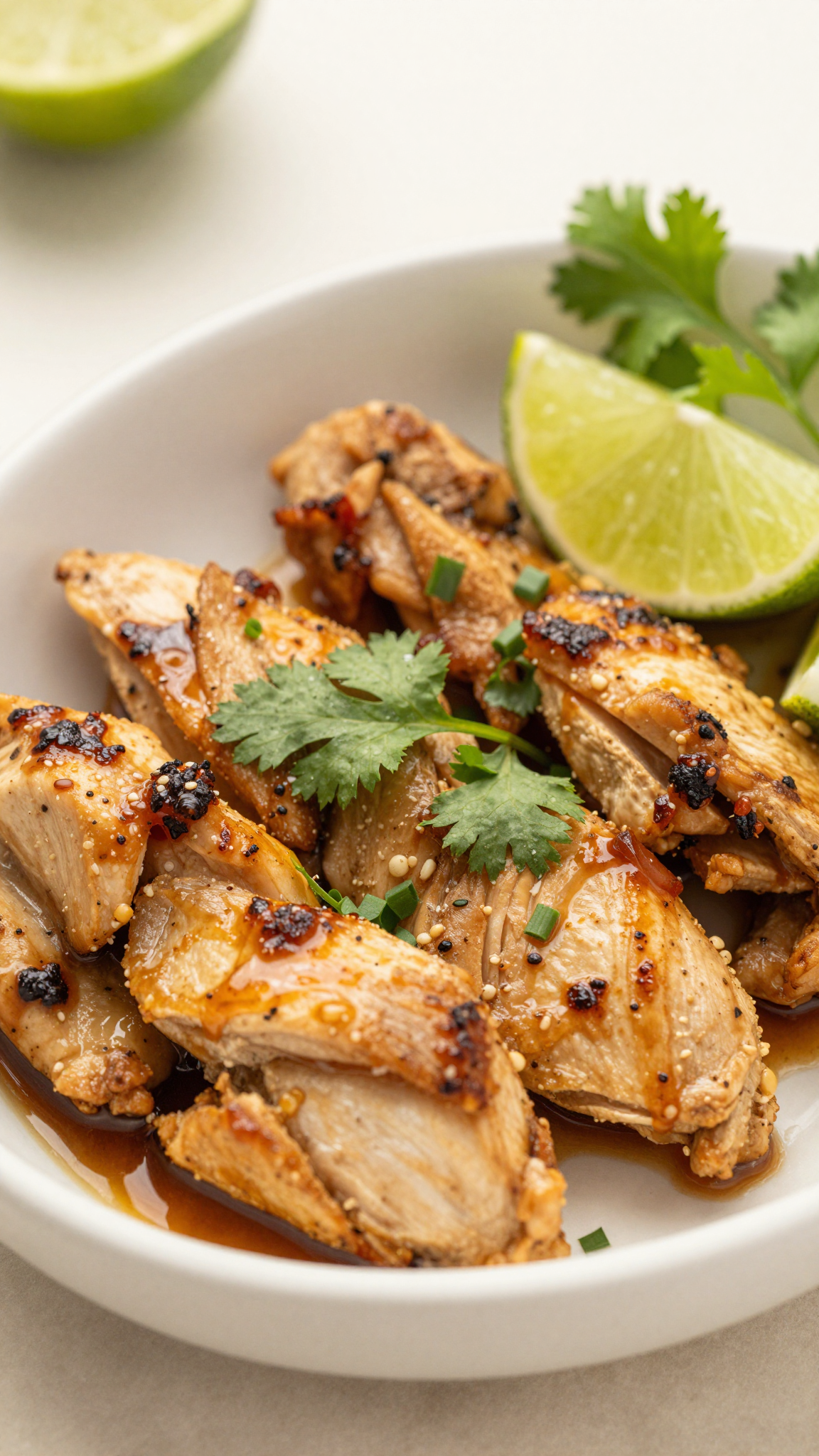 Overhead shot of chicken fajita bowl with lime wedge and cilantro garnish