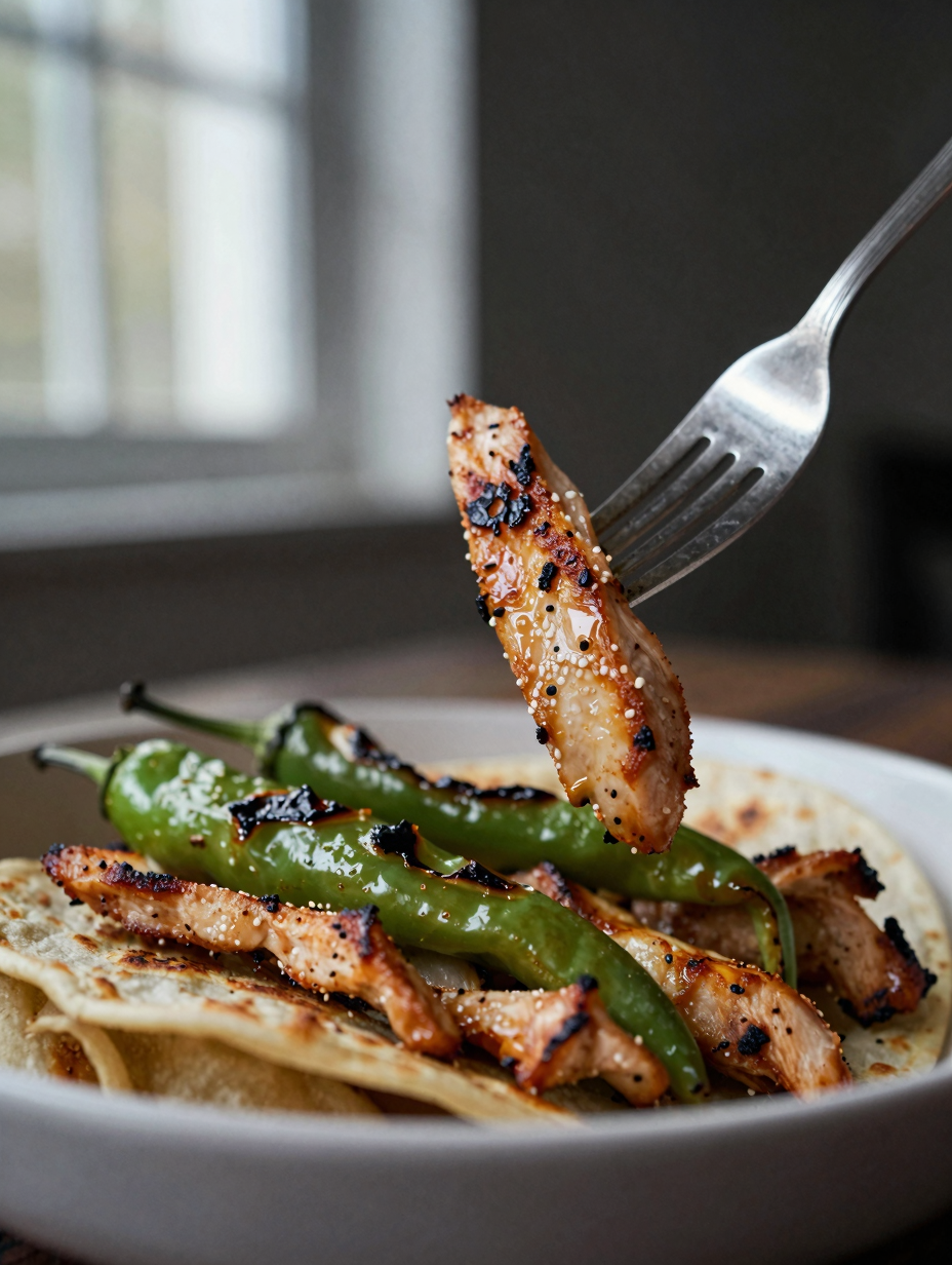 Close-up of chicken fajita bowl showing seared chicken strips and charred pepper edges