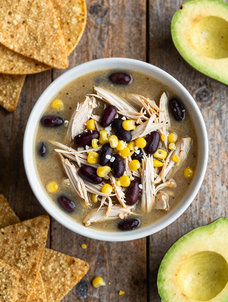 Bowl of chicken tortilla soup with shredded chicken, black beans, corn, tortilla strips and avocado