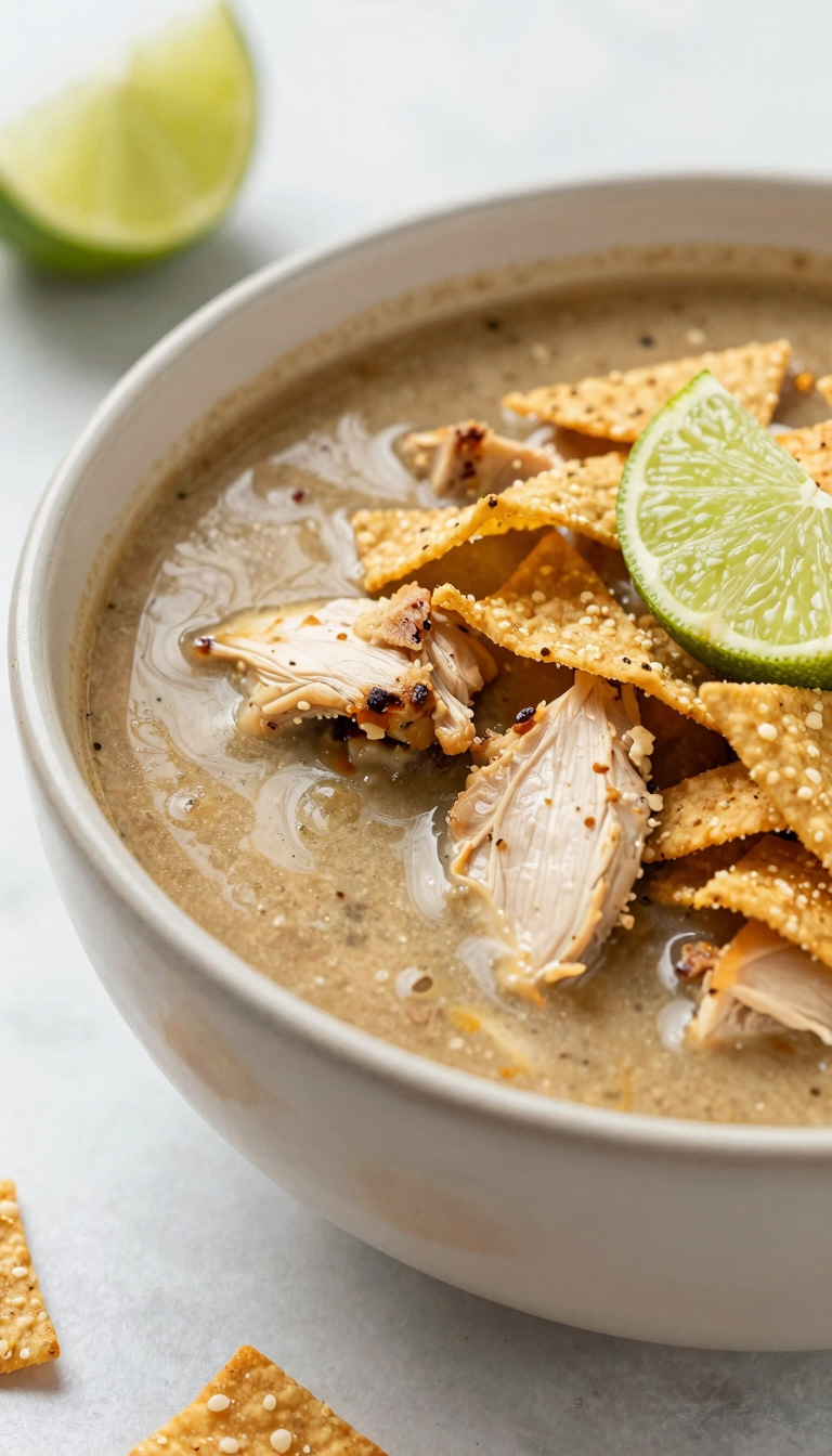 Overhead shot of chicken tortilla soup with crunchy tortilla strips and lime wedge