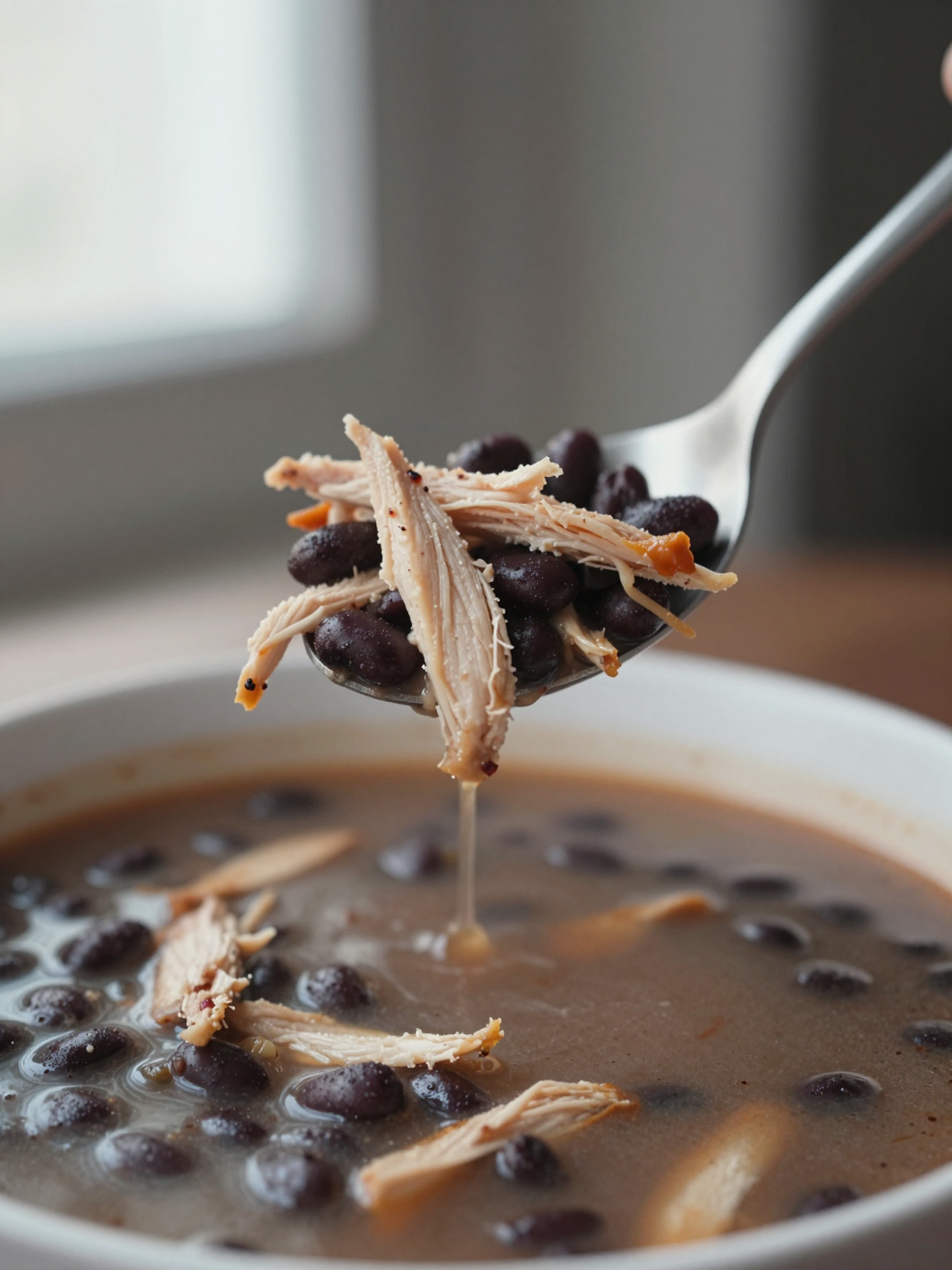 Close-up spoon lifting shredded chicken and black beans from tortilla soup