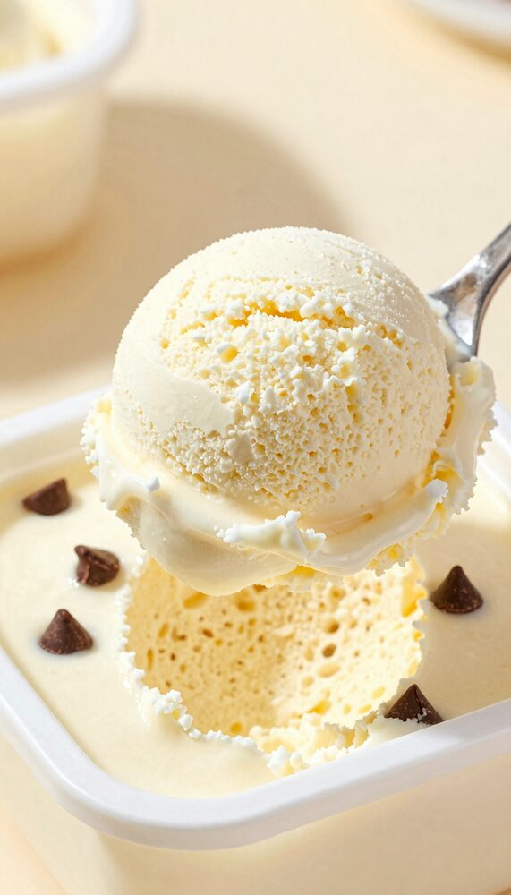 Ice cream scoop lifting a ball of cottage cheese ice cream with chocolate chips scattered around