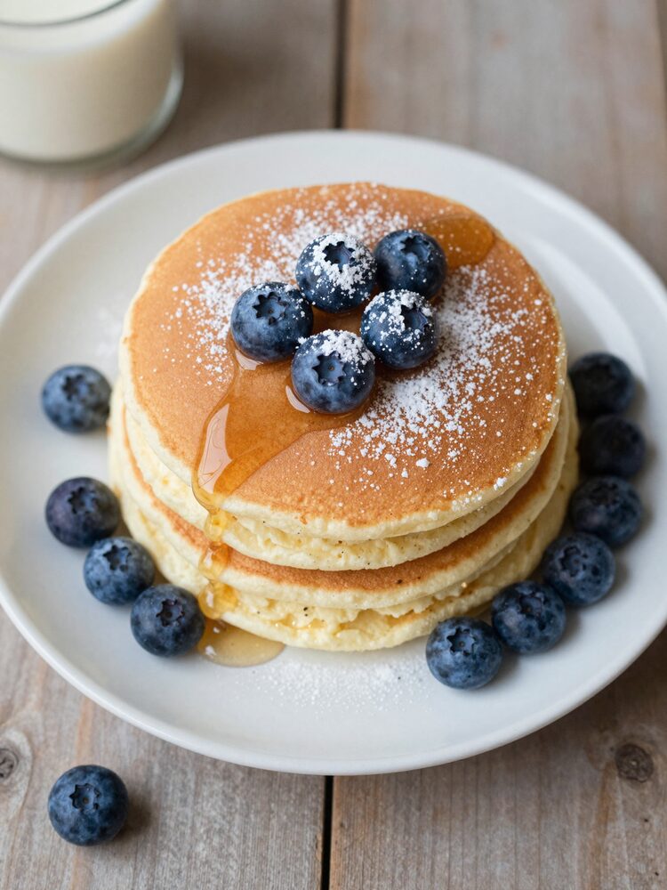 Stack of golden cottage cheese pancakes topped with blueberries and honey