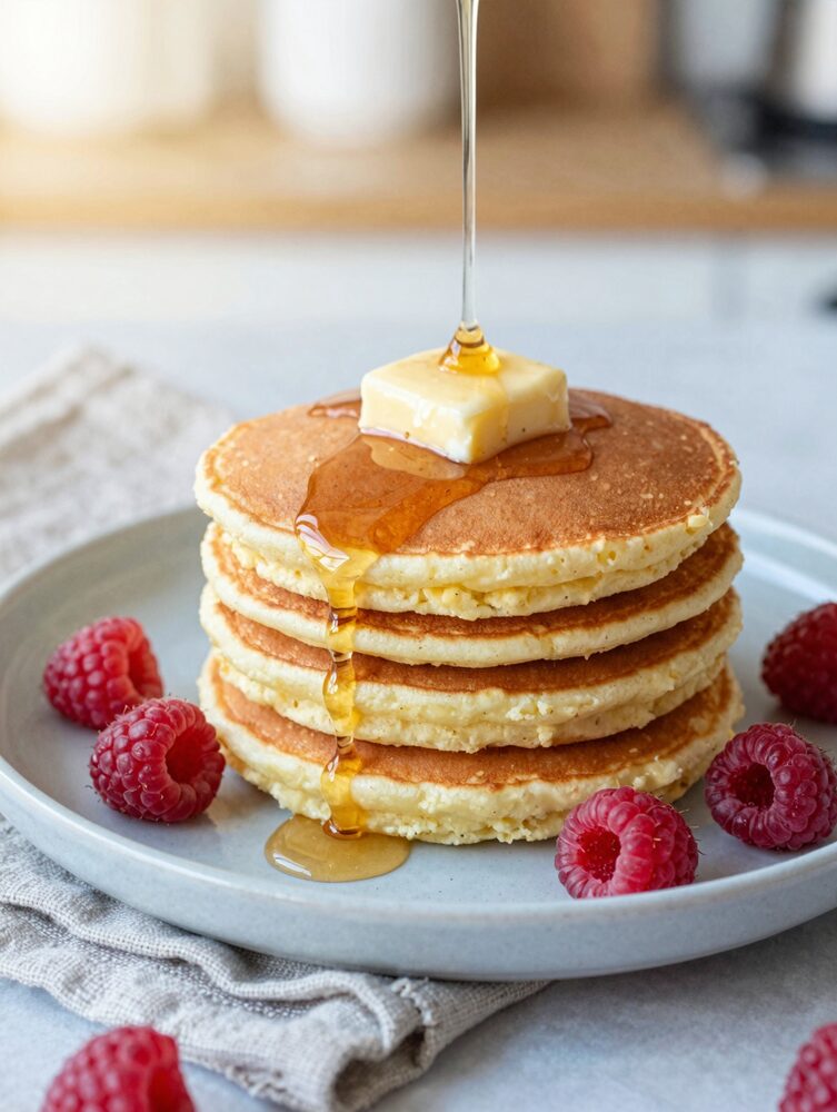 Cottage cheese pancakes with syrup pouring down the side and fresh raspberries on the plate
