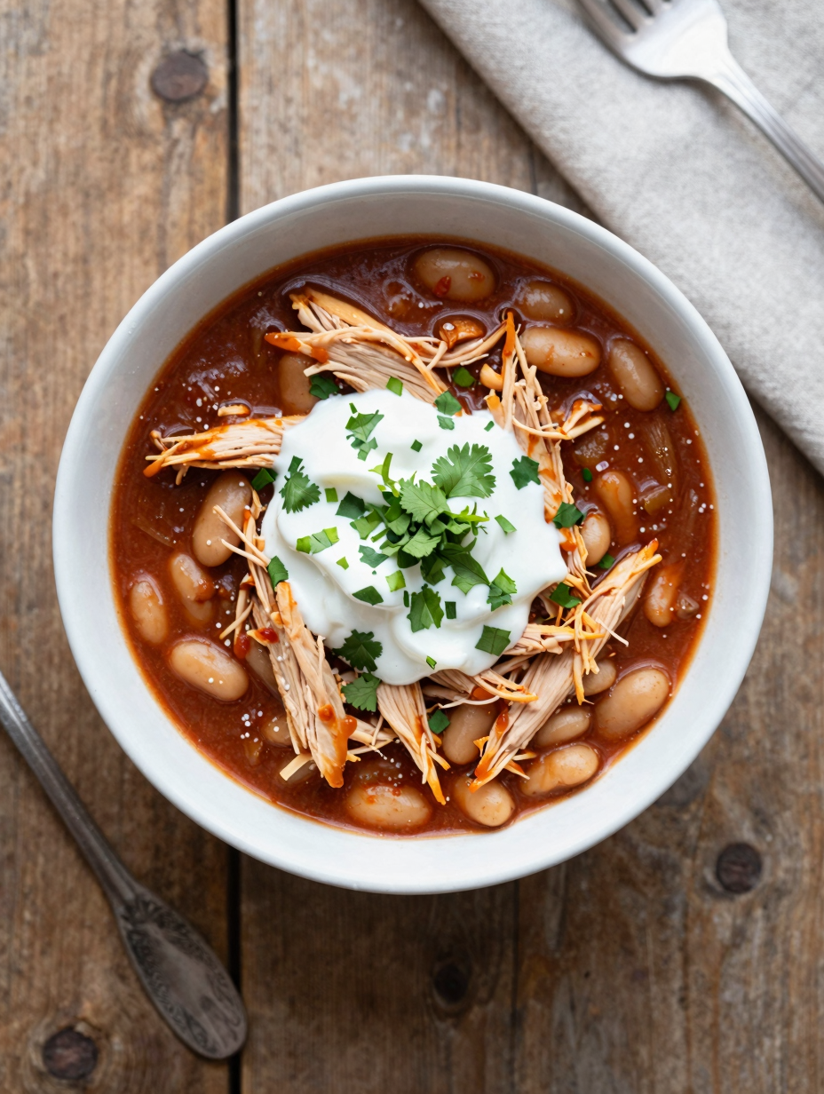 Bowl of white chicken chili with shredded chicken, white beans, Greek yogurt and cilantro