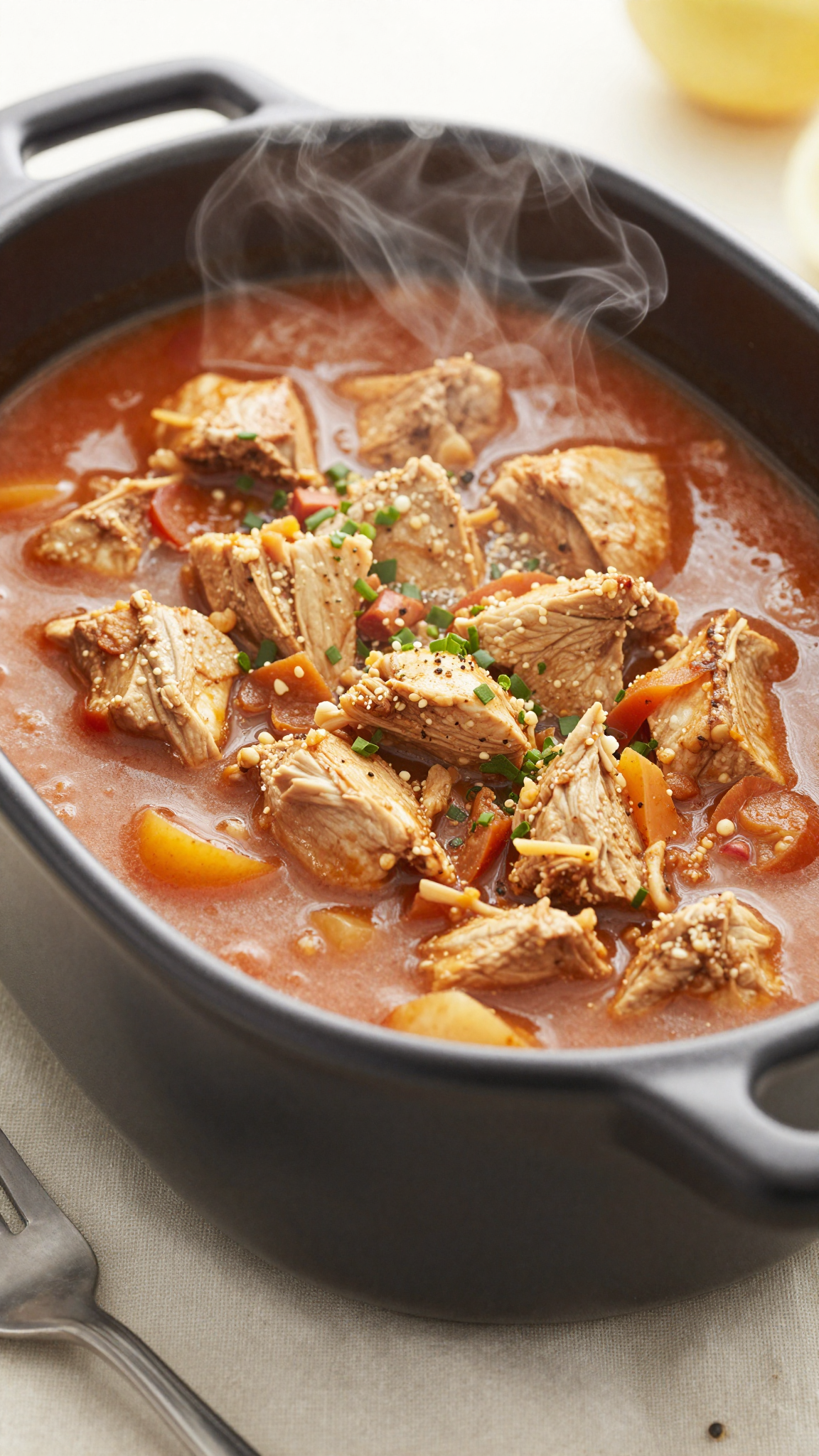 Overhead shot of crockpot chicken chili with toppings, steam rising, cozy fall styling