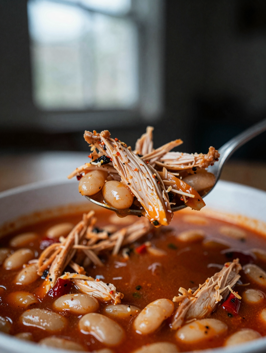 Close-up spoon lifting shredded chicken and white beans from chili showing texture