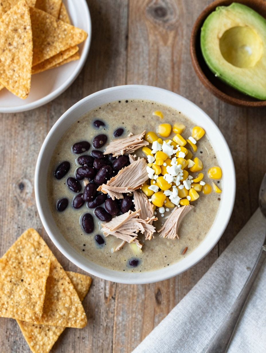 Bowl of turkey taco soup with black beans corn and toppings of cheese avocado and tortilla strips