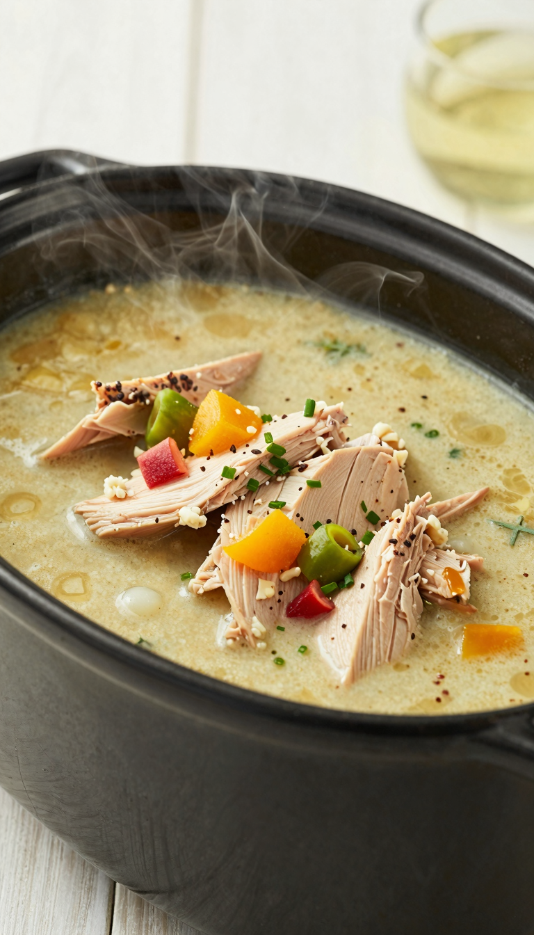 Overhead shot of crockpot turkey taco soup with toppings, steam rising
