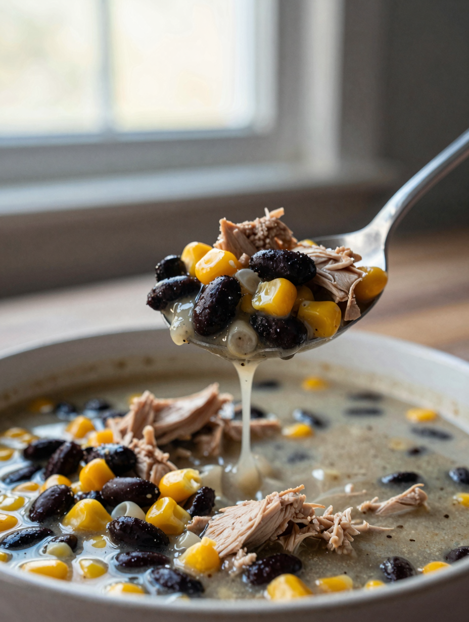 Close-up spoon lifting turkey taco soup showing ground turkey black beans and corn
