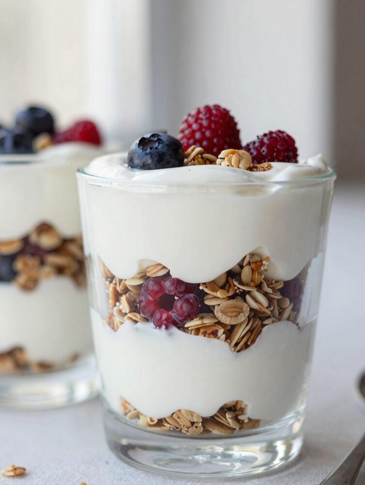 Cross-section of a layered Greek yogurt parfait in a glass showing granola and berry layers