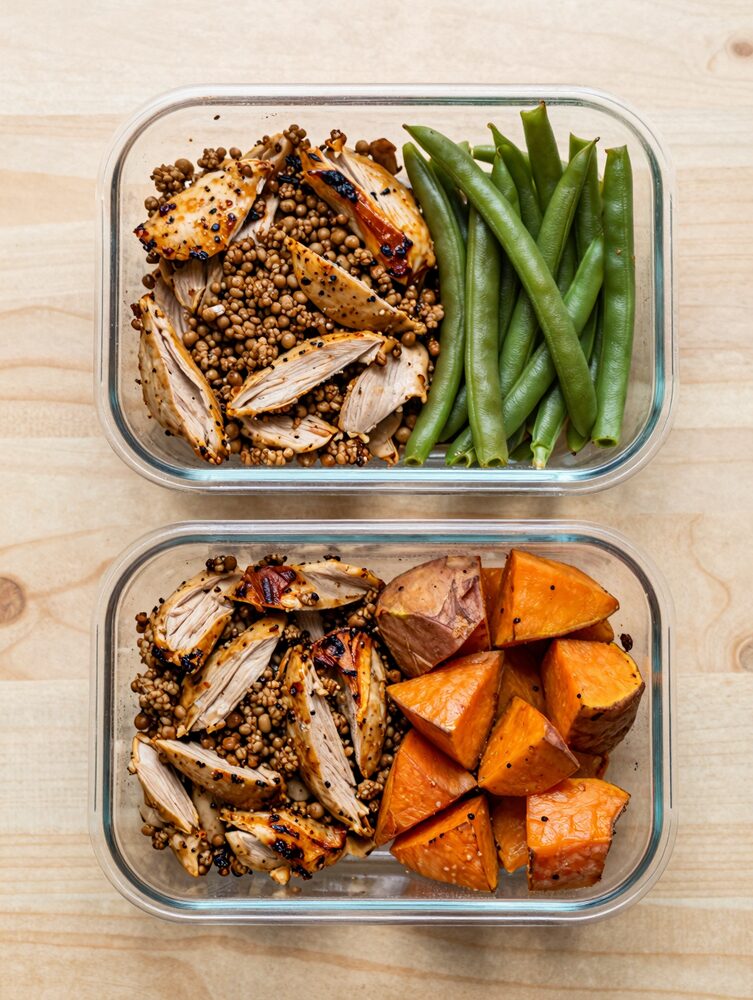 Meal prep containers with ground turkey, sweet potato and green beans