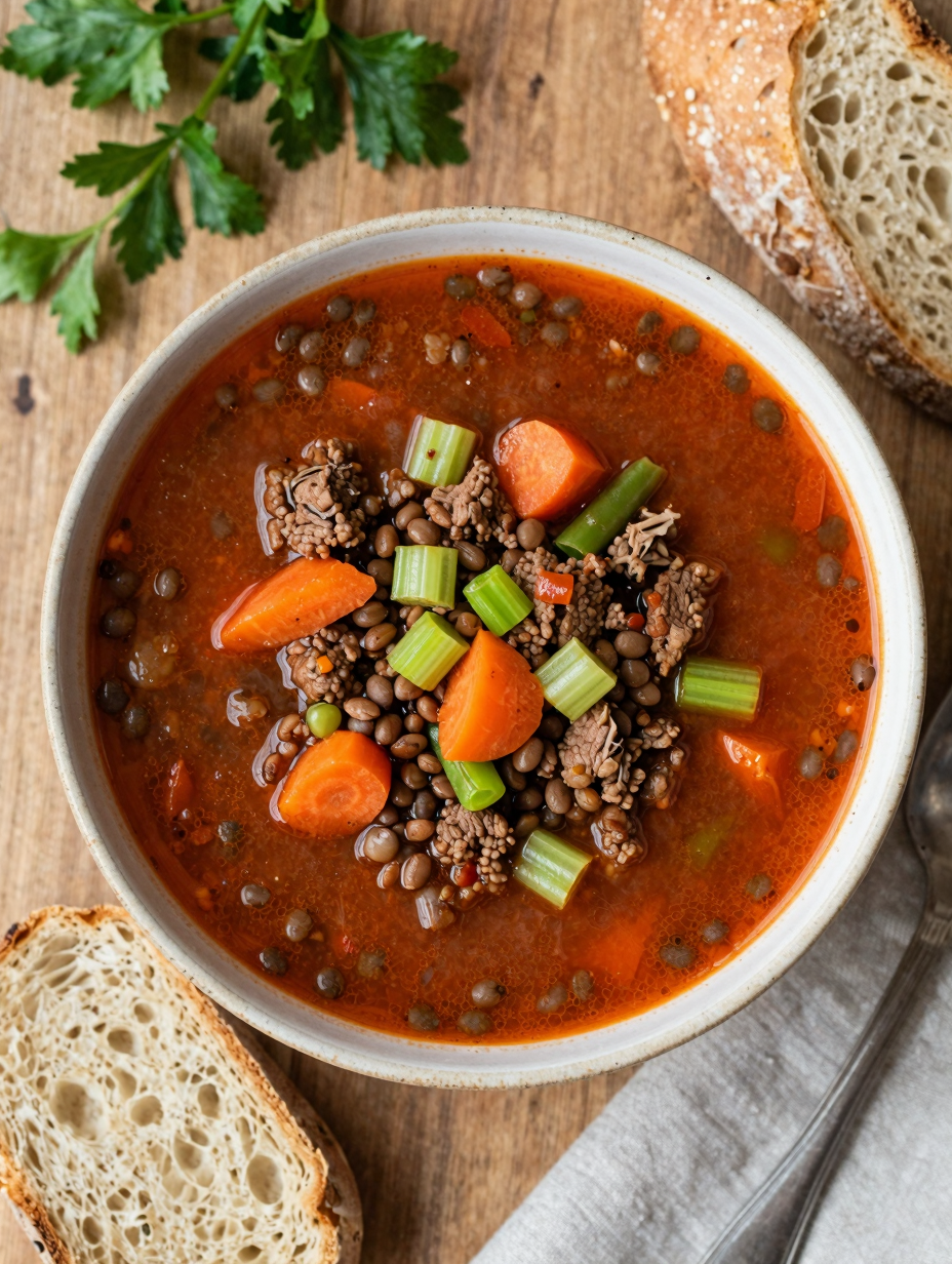 Bowl of high protein beef and vegetable soup with ground beef, lentils, carrots, celery and green beans in tomato broth