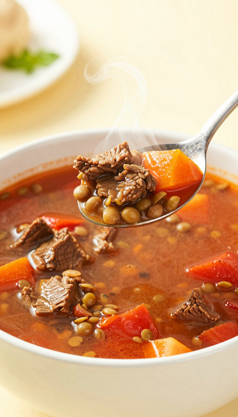 Overhead shot of beef and lentil vegetable soup in a rustic bowl with parsley and bread on the side