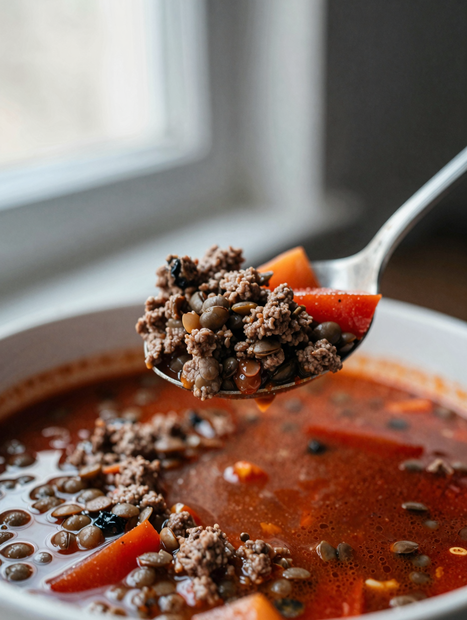 Close-up spoon lifting ground beef, lentils and vegetables from a thick tomato broth