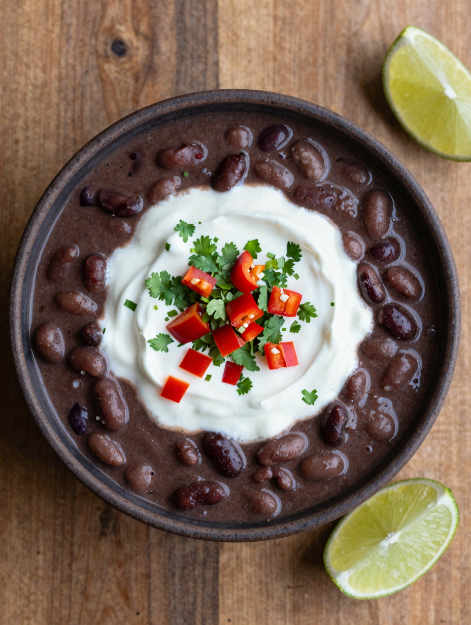 Bowl of high protein black bean soup topped with a swirl of Greek yogurt, cilantro and diced red pepper