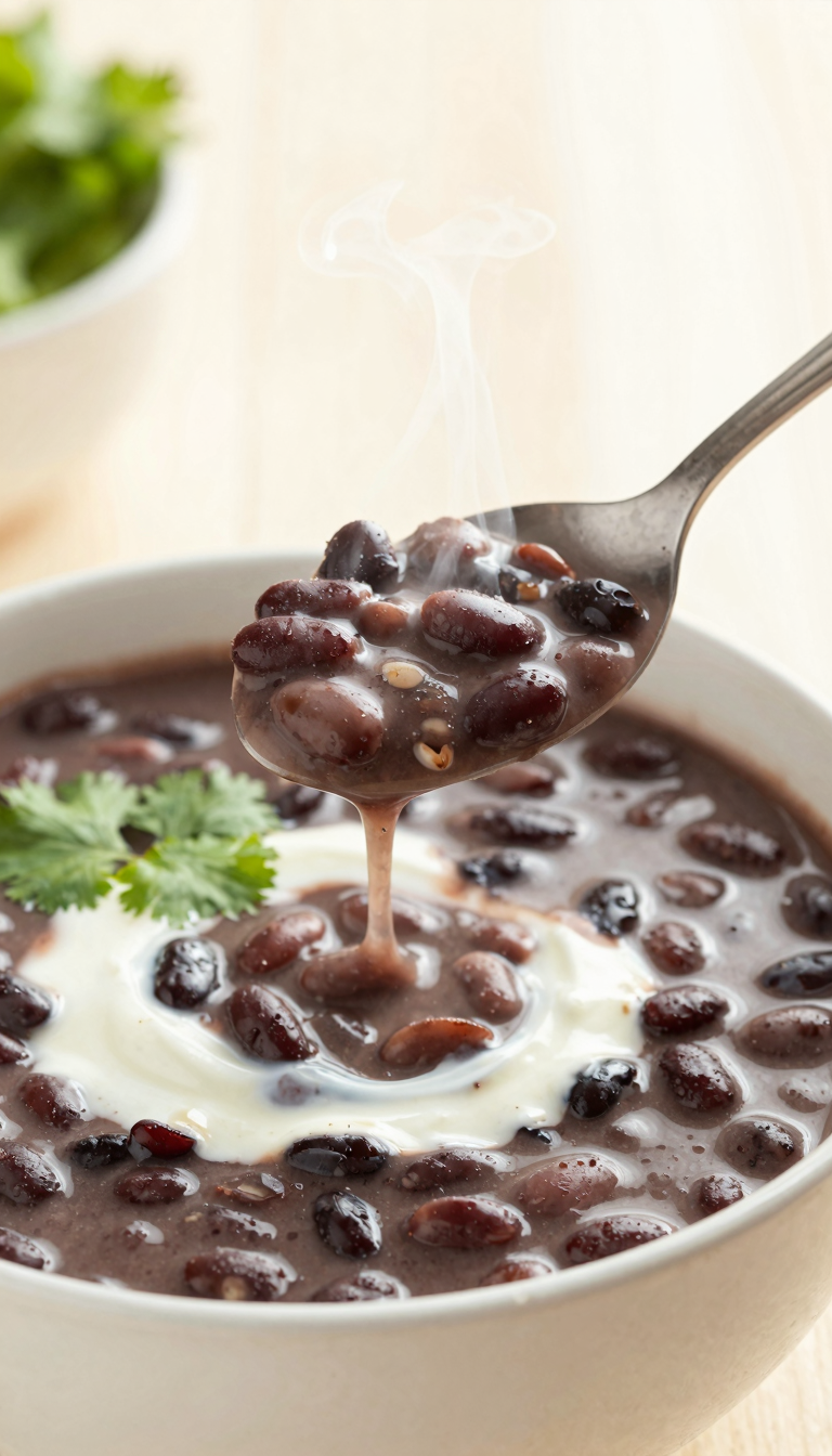Overhead shot of black bean soup in a rustic bowl with lime wedges, cilantro and a yogurt swirl