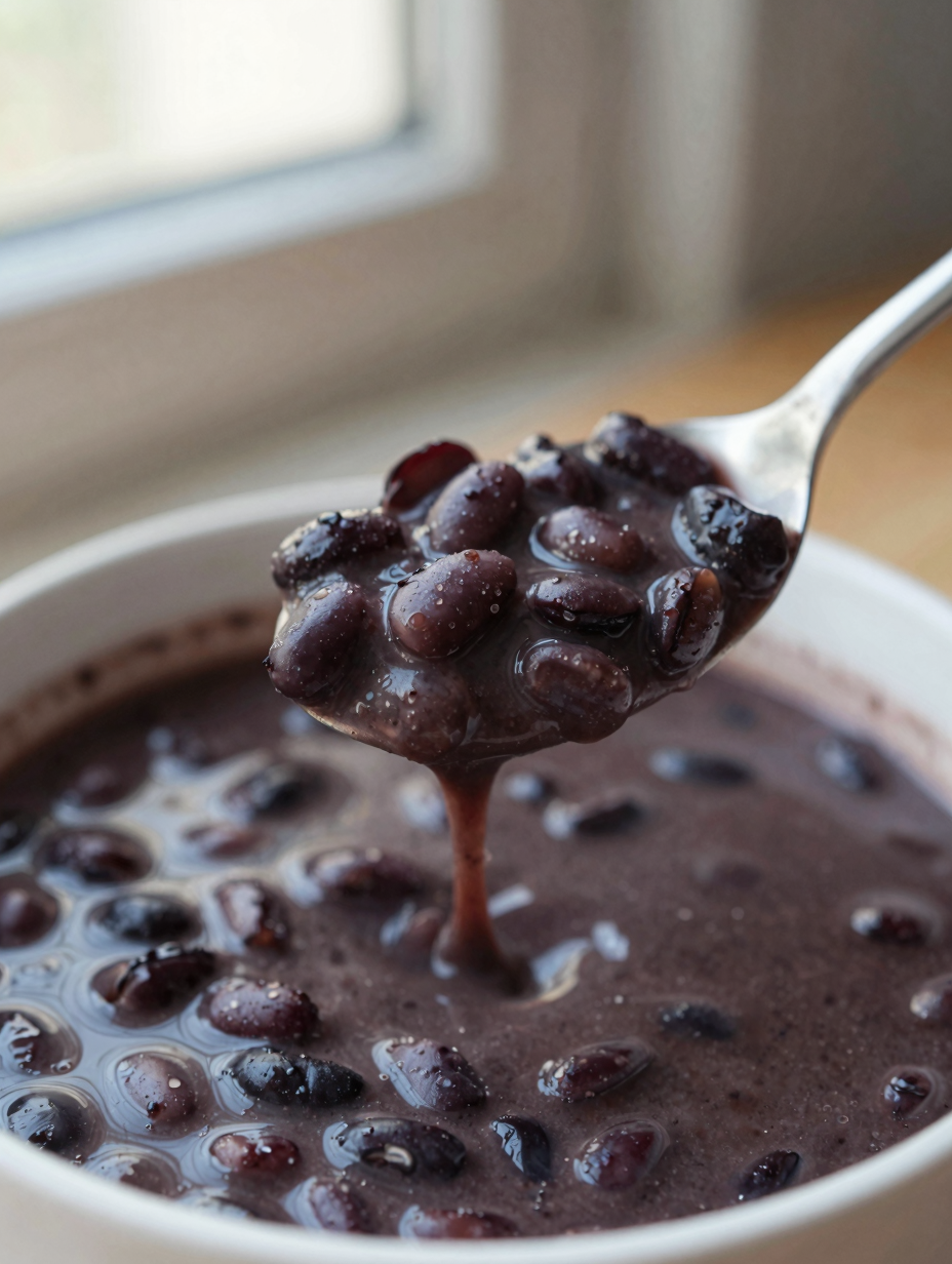 Close-up spoon lifting thick black bean soup showing whole beans and a blended base