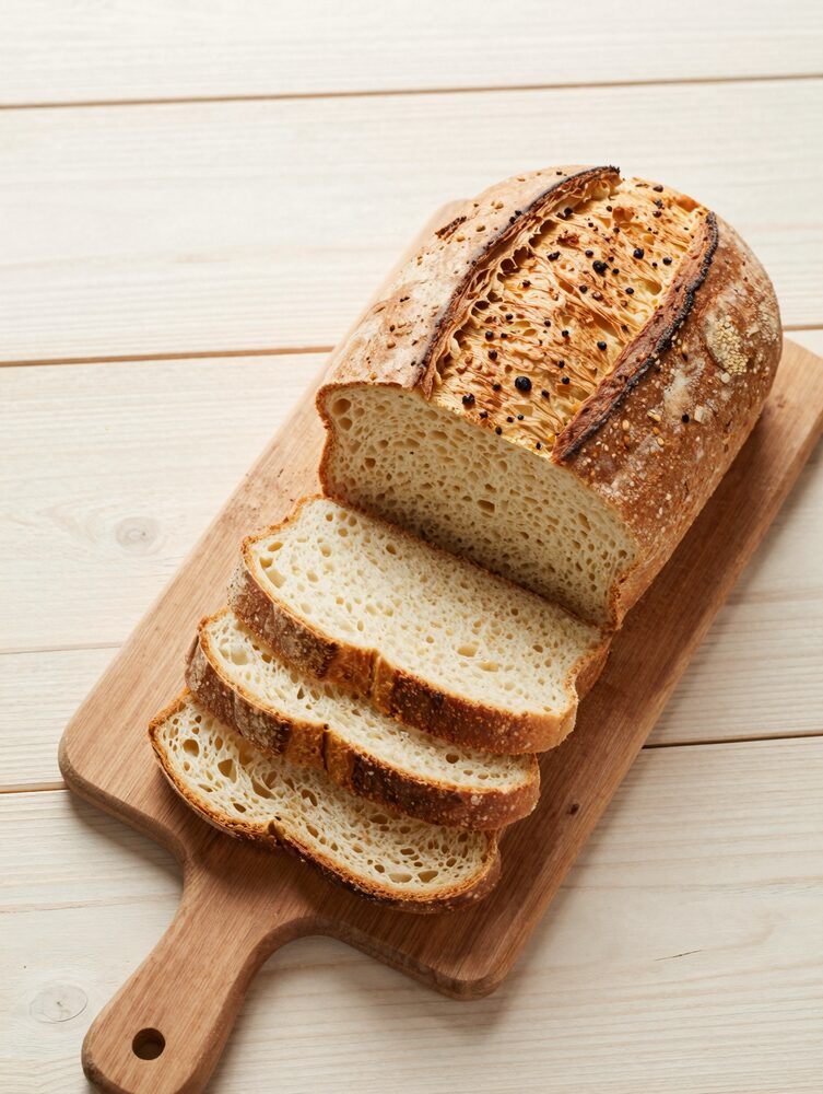 Sliced loaf of golden high protein bread on a wooden cutting board