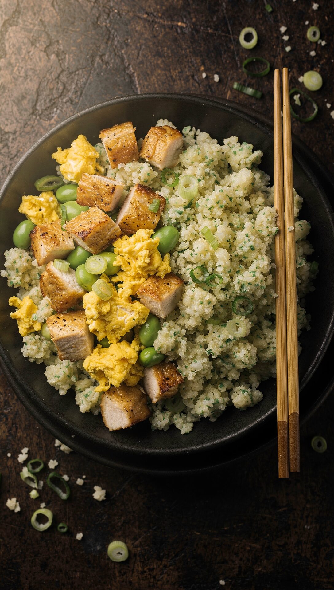Overhead shot of cauliflower fried rice with chicken and edamame in a dark bowl with chopsticks on the side