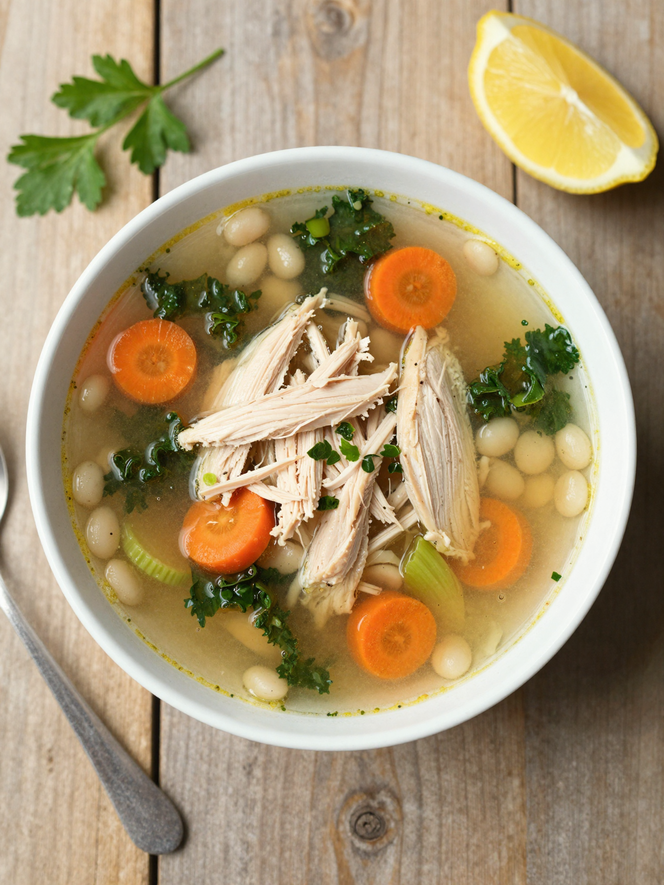 Bowl of high protein chicken soup with shredded chicken, white beans, carrots, celery and kale