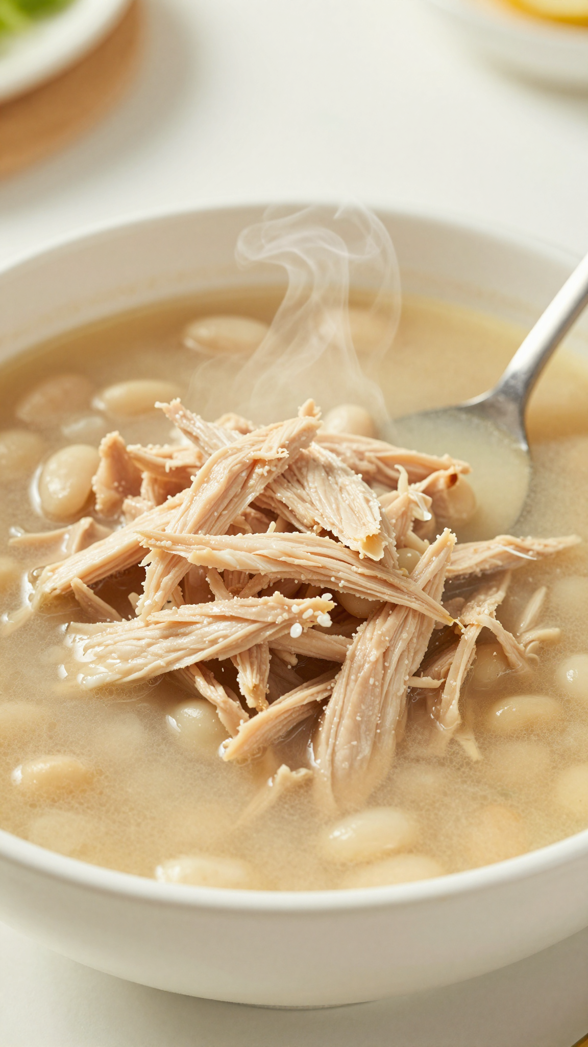 Overhead shot of chicken and white bean soup in a light bowl with a lemon wedge and parsley on the side