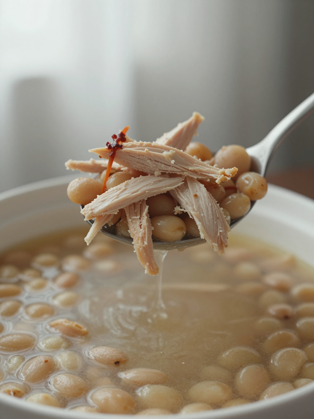 Close-up spoon lifting shredded chicken and cannellini beans from a bowl of broth