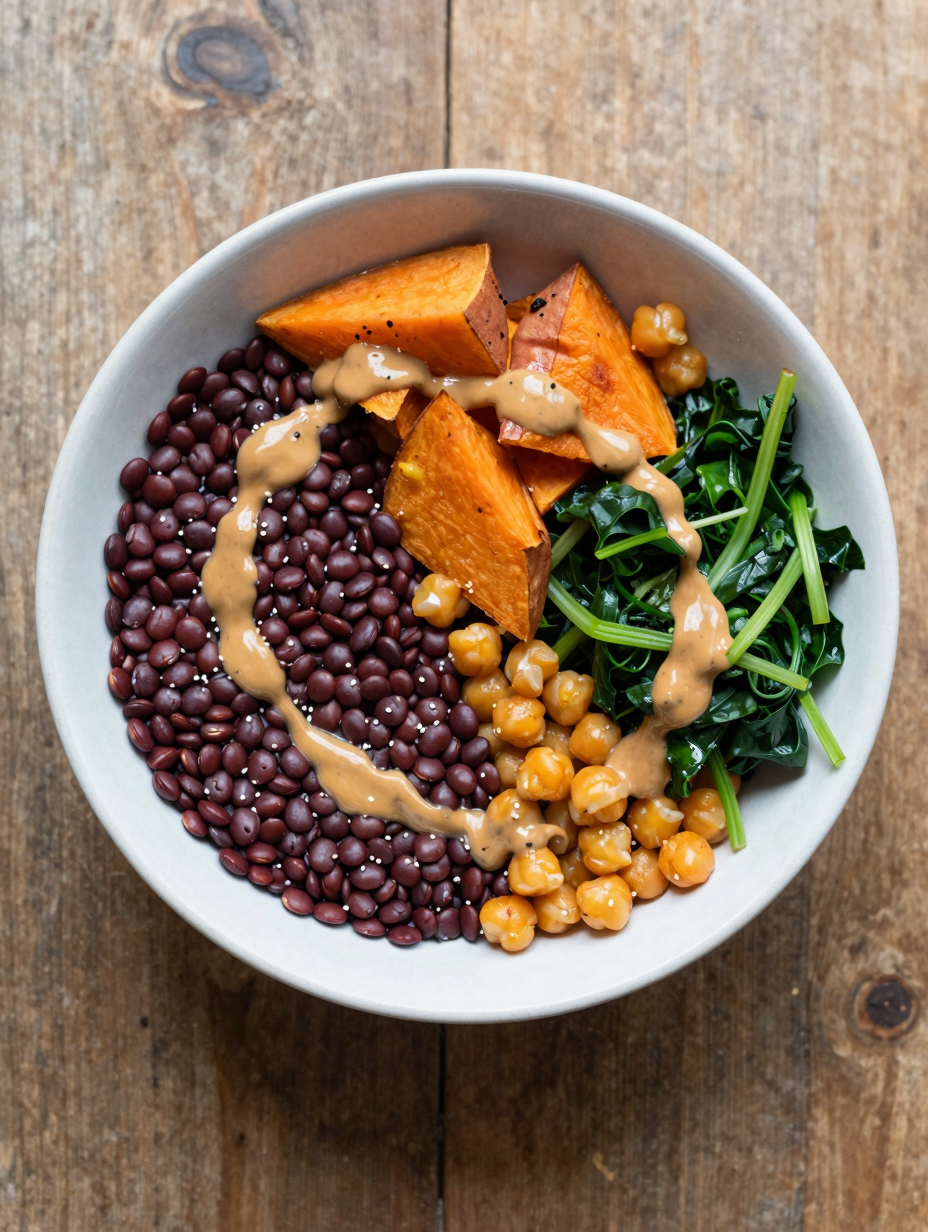 Buddha bowl with red lentils, roasted sweet potato, chickpeas, spinach and tahini dressing