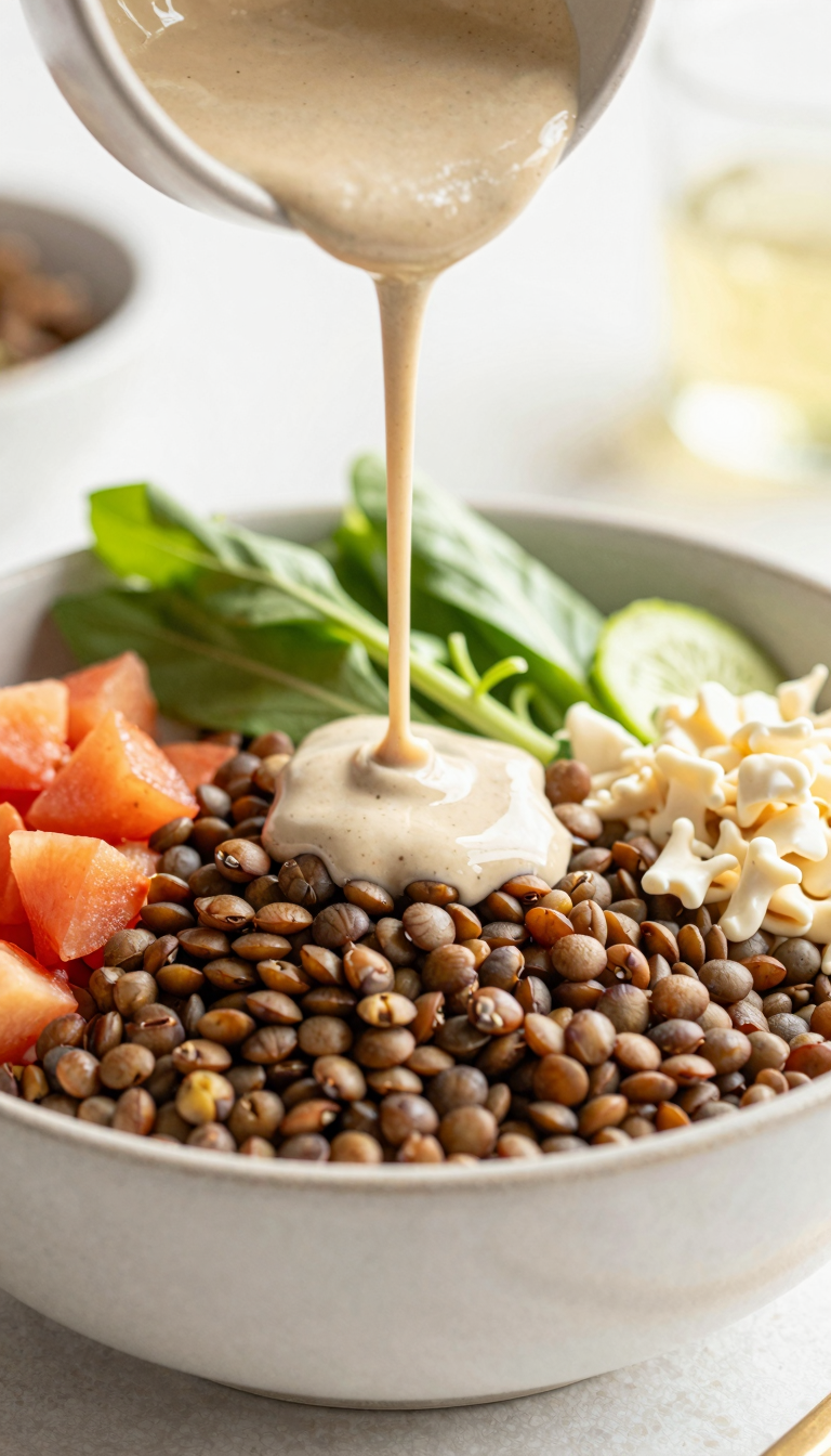 Overhead shot of vegetarian lentil buddha bowl with tahini dressing drizzled on top