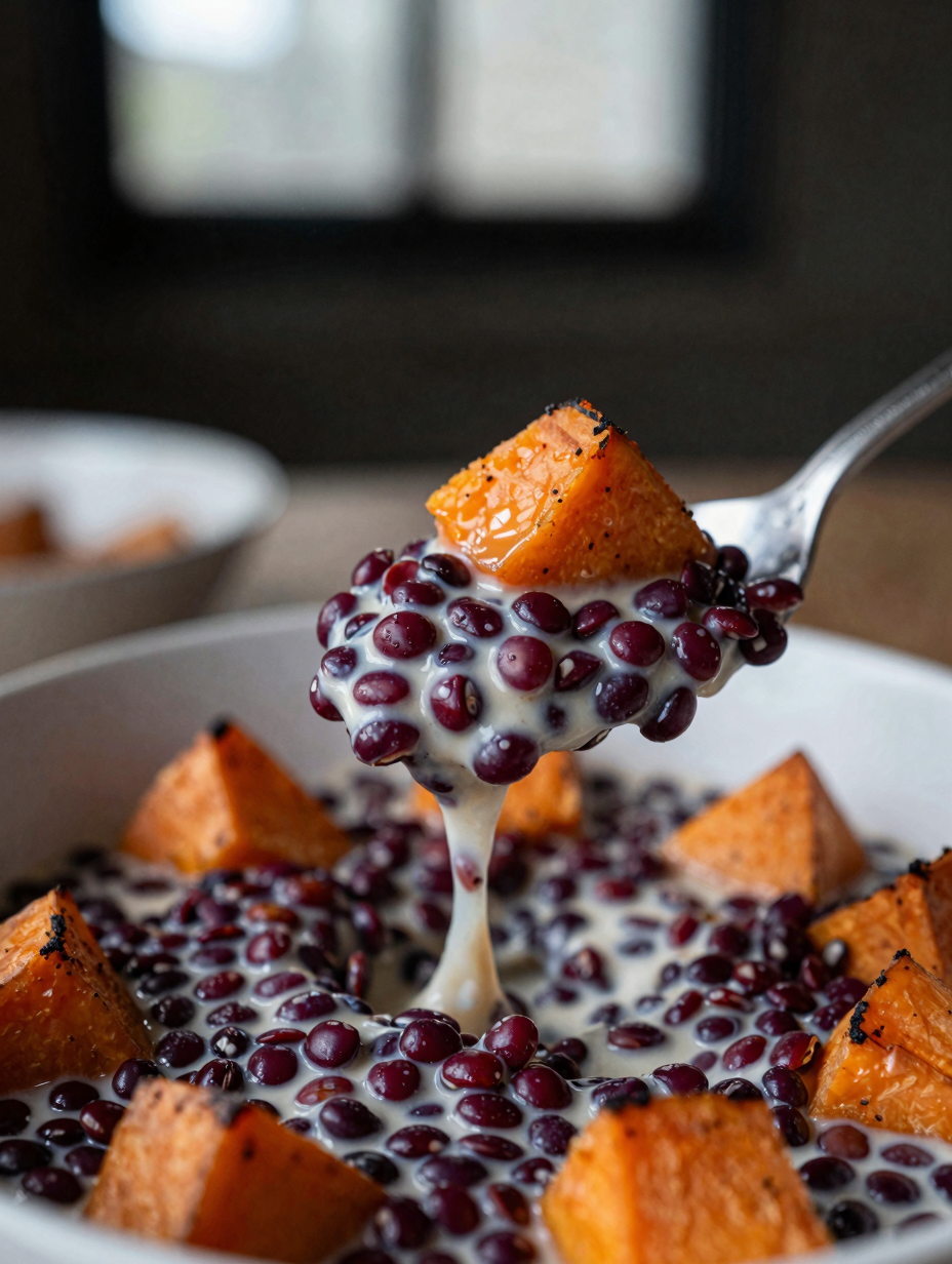 Close-up spoon lifting red lentils showing creamy texture next to roasted sweet potato cubes