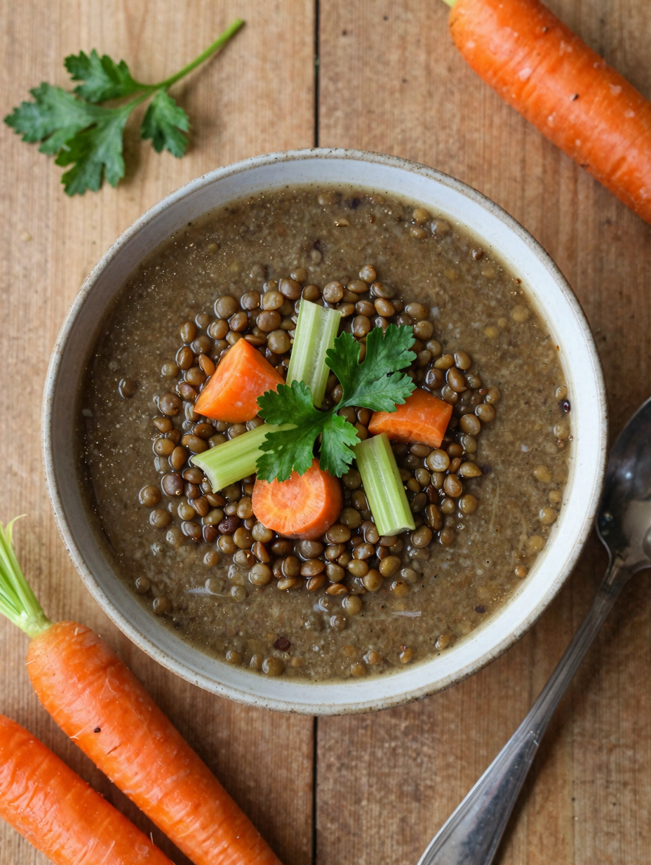 Bowl of brown lentil soup with carrots, celery and fresh parsley garnish