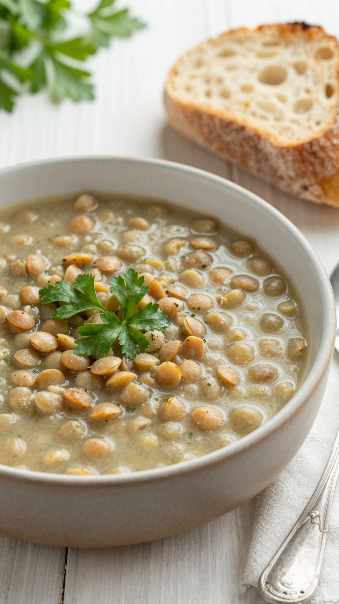 Overhead shot of lentil soup in a rustic bowl with parsley and crusty bread on the side