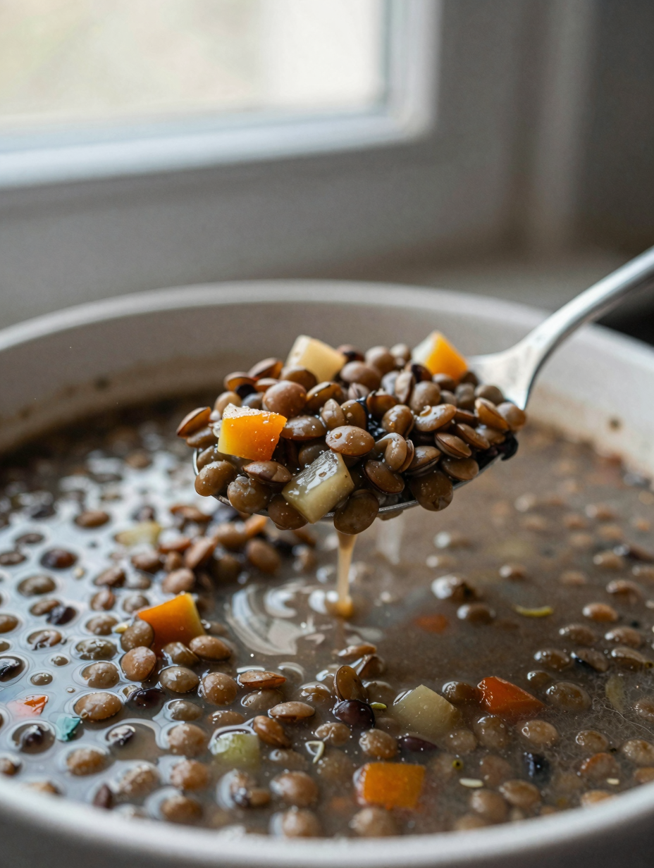 Close-up spoon lifting brown lentils and diced vegetables from soup showing texture
