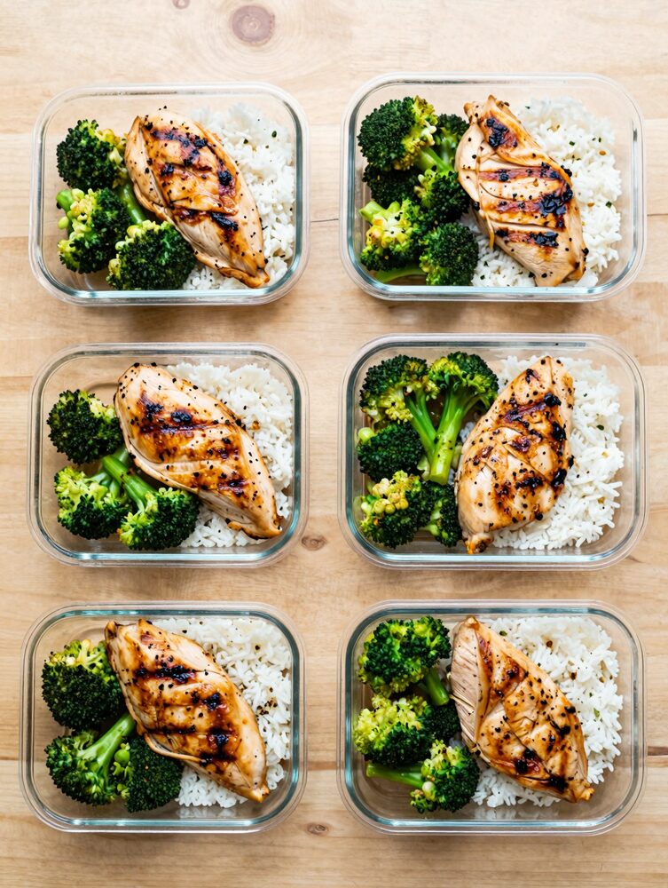 Meal prep containers with grilled chicken, broccoli and rice