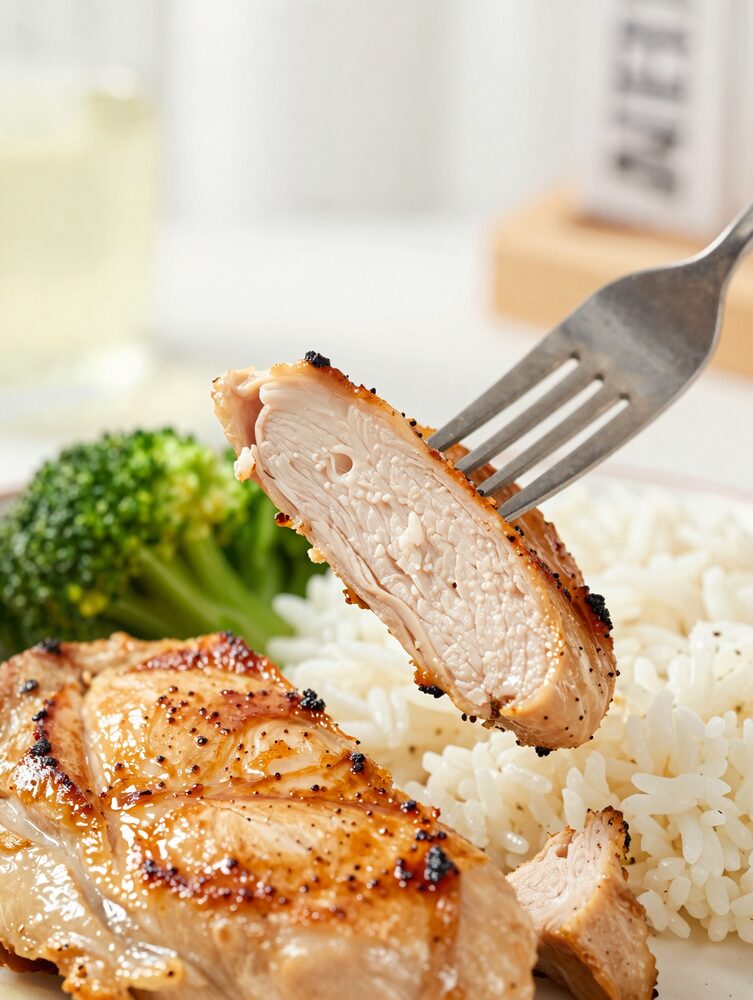Fork cutting into a juicy sliced grilled chicken breast