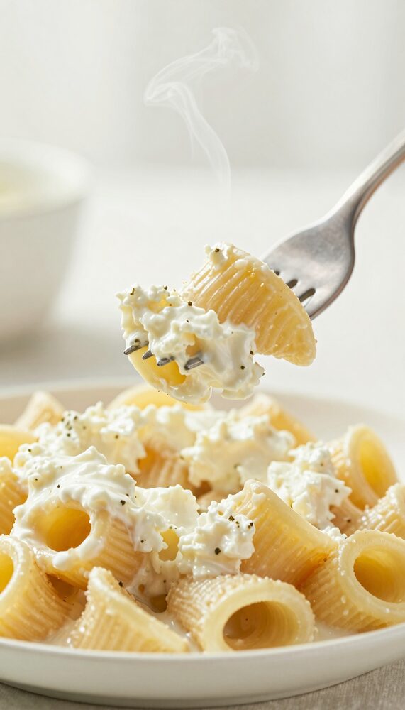 Fork twirling creamy cottage cheese alfredo pasta with steam rising