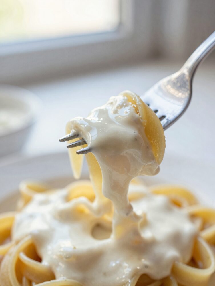 Fork lifting pasta coated in thick creamy white sauce showing glossy texture