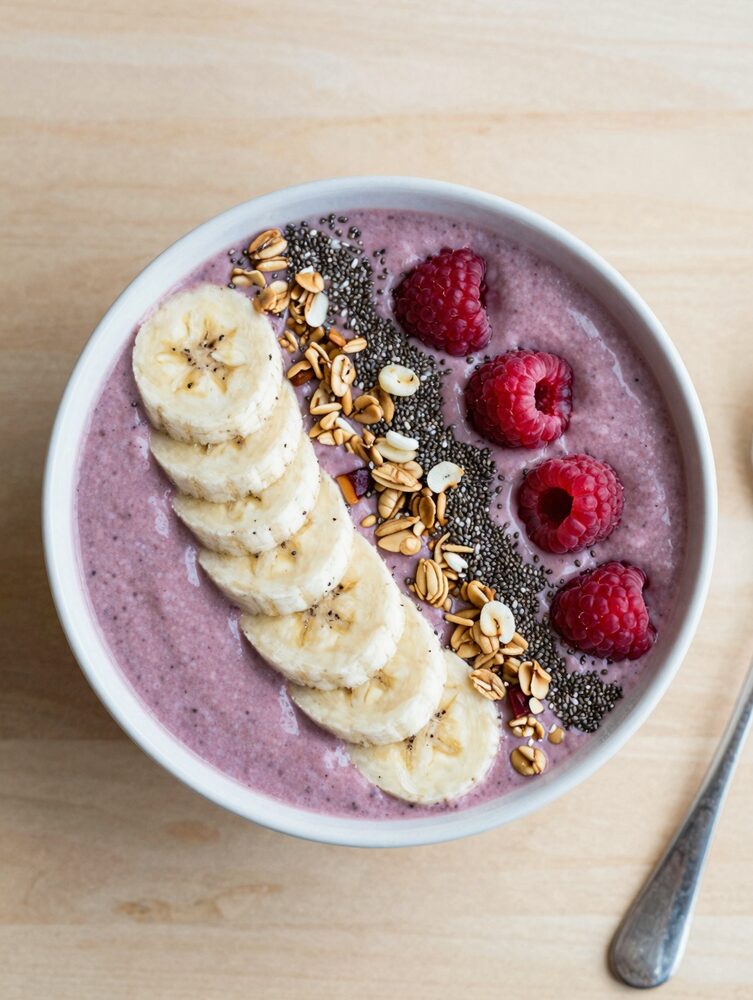High protein smoothie bowl topped with banana slices, granola and raspberries